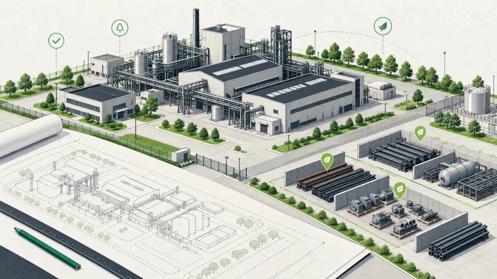 Ilustração de uma planta industrial, desenho de engenharia e áreas organizadas para equipamentos e materiais. Ilustração conceitual gerada por IA.